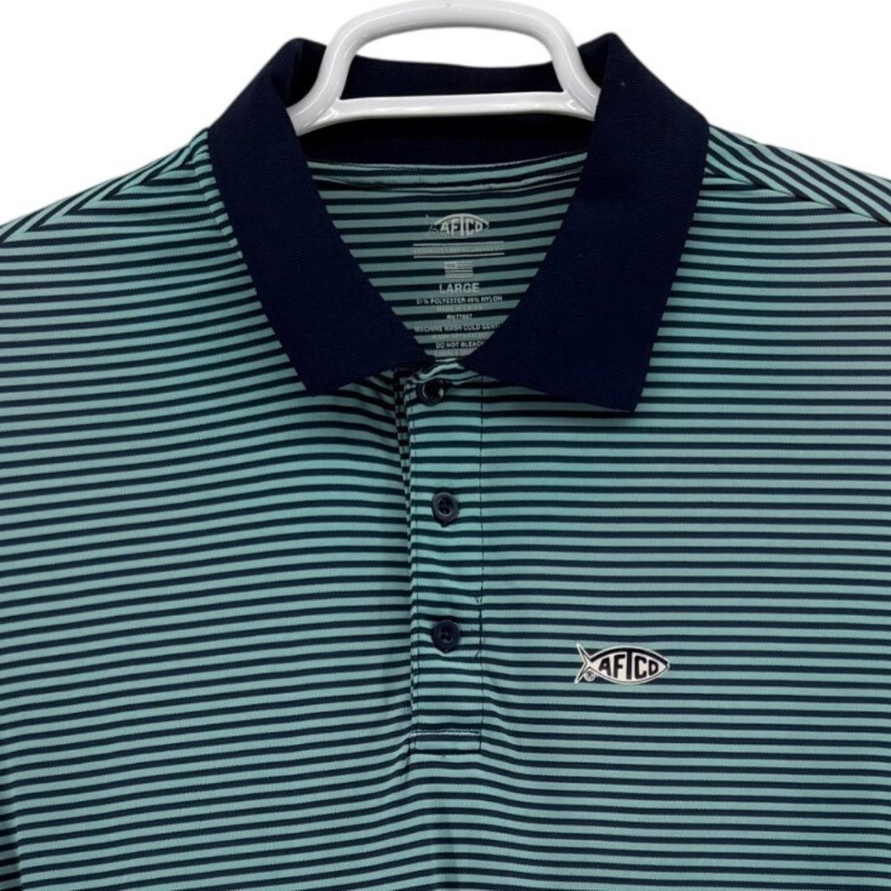 AFTCO AFTECH Mens Large Striped Performance Polo Shirt Teal Navy Blue Fishing